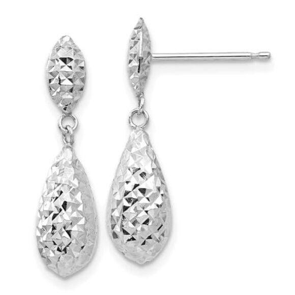 Kazi Luxury 14k White Gold Diamond-cut Puff Teardrop Dangle Earrings